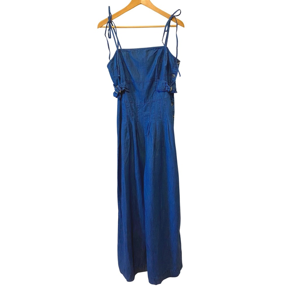 Free People Denim Jumpsuit Size 12 Blue Wide Leg Tie Strap Smocked Boho Festival